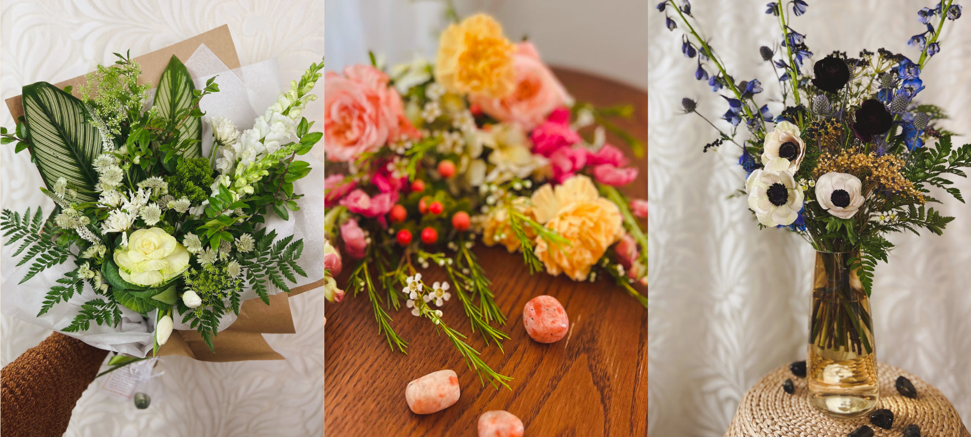 Three images, each showing a different colored fresh flower bouquet paired with a matching crystal