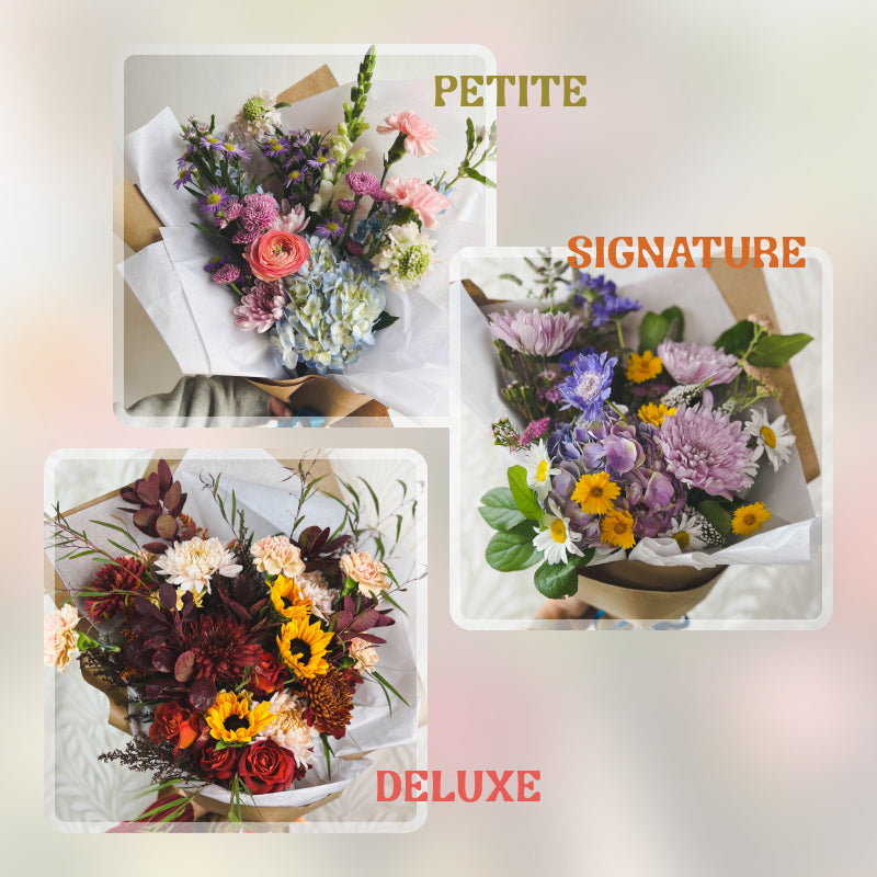 Three different sized flower bouquets of different colors