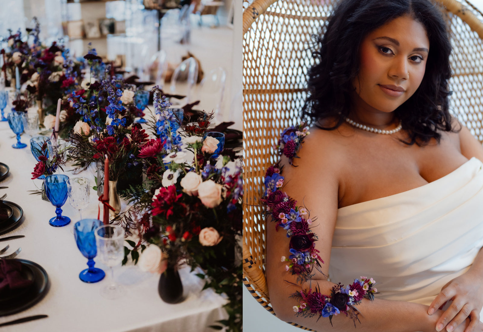 Two photos. One is a table setting off with dark purple and blue flowers down the middle. The second is a portrait of a bride with fresh florals attached to her body.