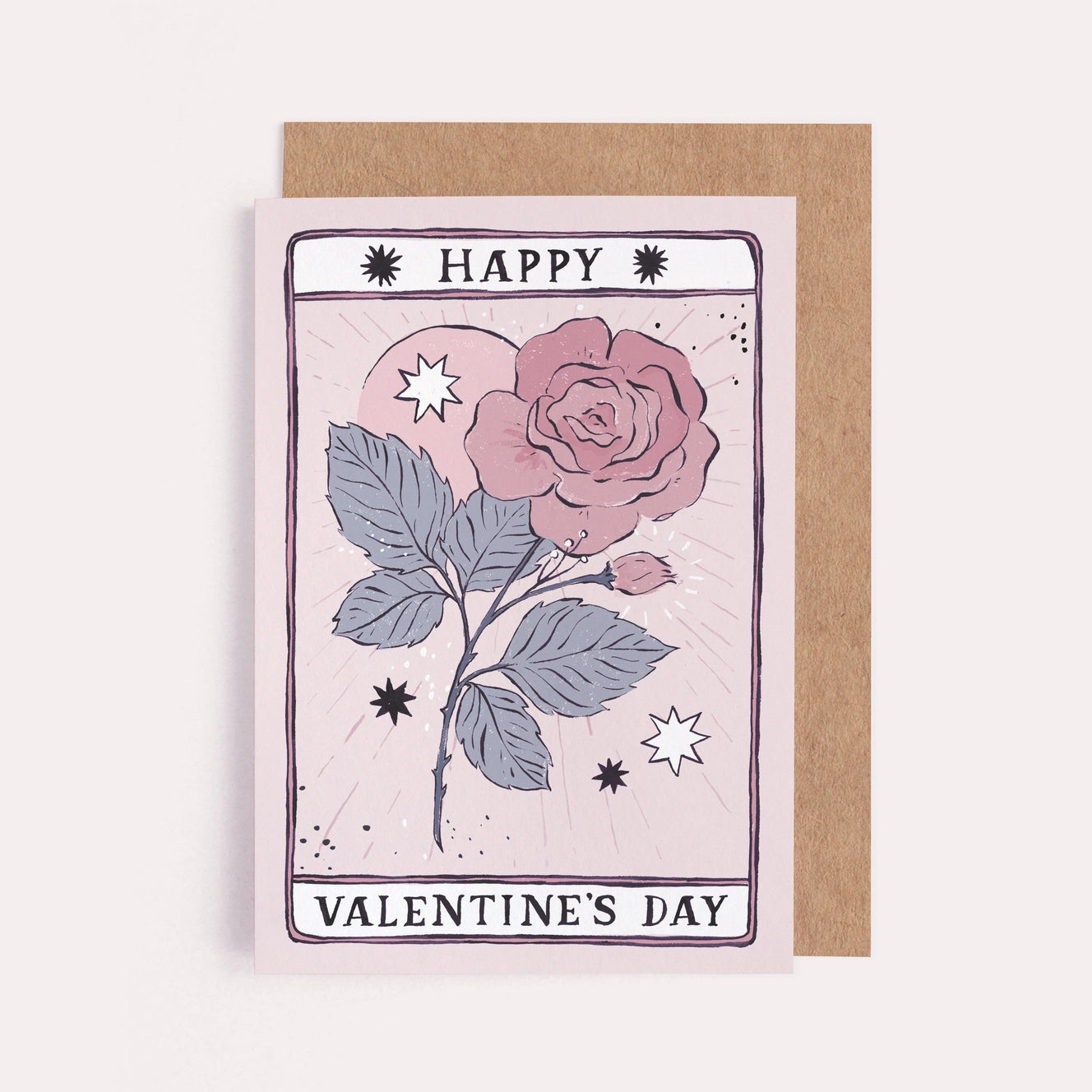 A greeting card with a rose illustration that reads "Happy Valentine's Day"