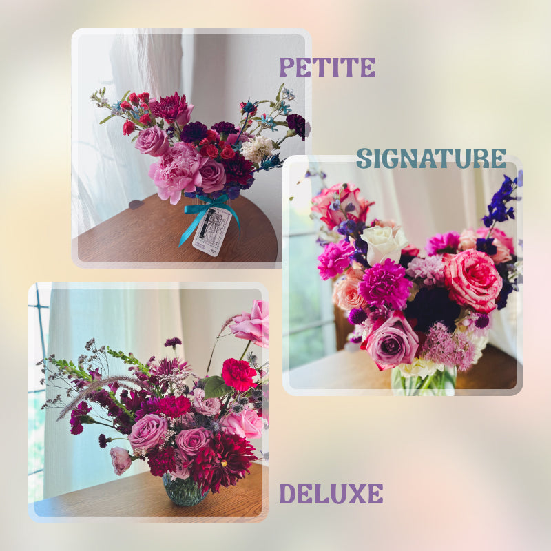 Three dark purple, pink, and blue flower arrangements in three different sizes.