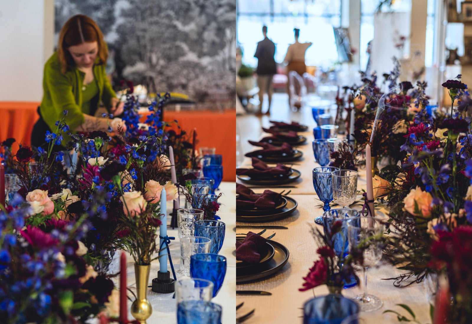 Two photos, both different shots of the same table set up with dark purple and blue flowers