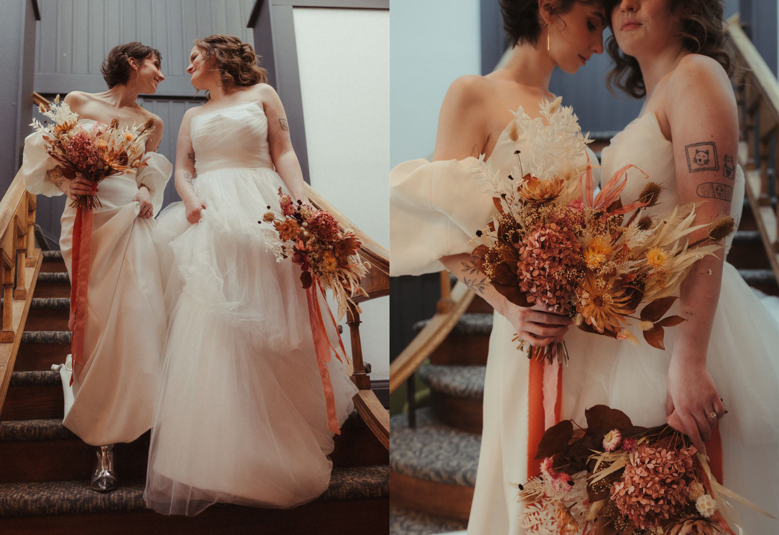 Two photos each of two brides holding bouquets of dried flowers