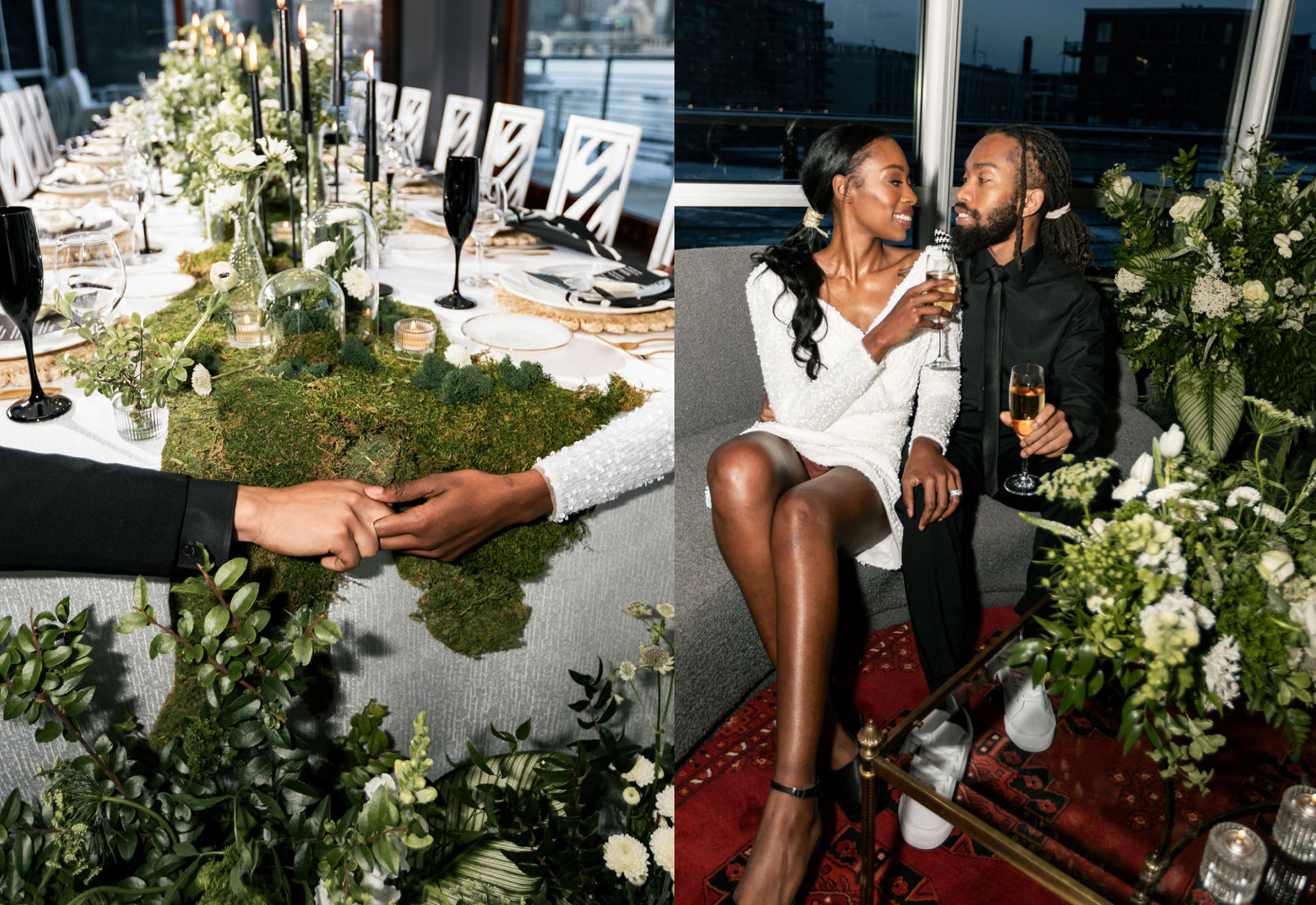 Two photos from the same evening. One is a couple holding hands in front of a table set with greenery, floral, and moss. The other, the couple is sitting together smiling with champagne.