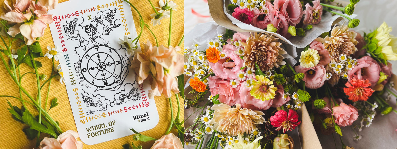 Two images in one—a Wheel of Fortune tarot card on a white background, and a trio of colorful flower bouquets wrapped in paper