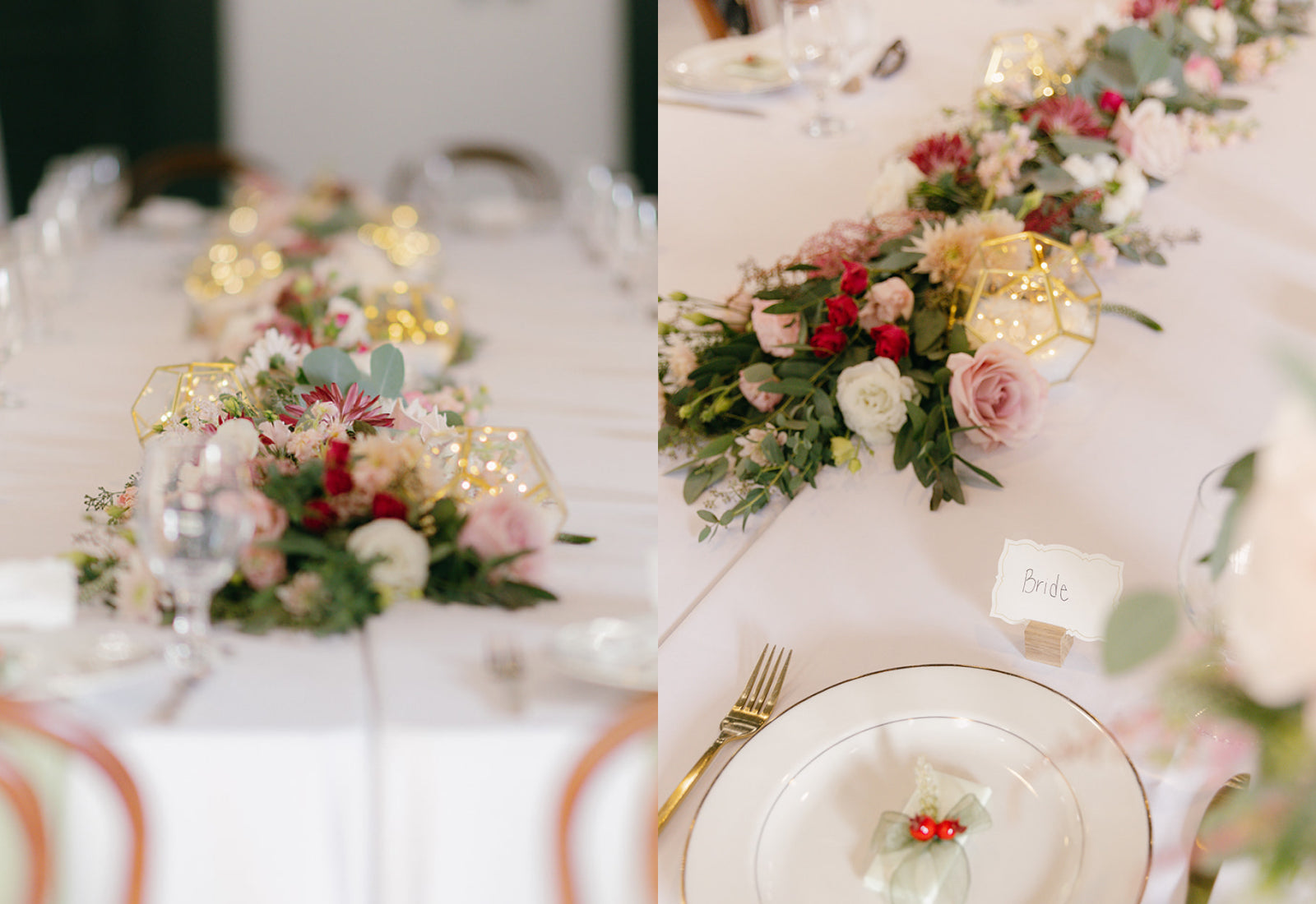 Two photos showing different views of a table top with a floral garland running down the center