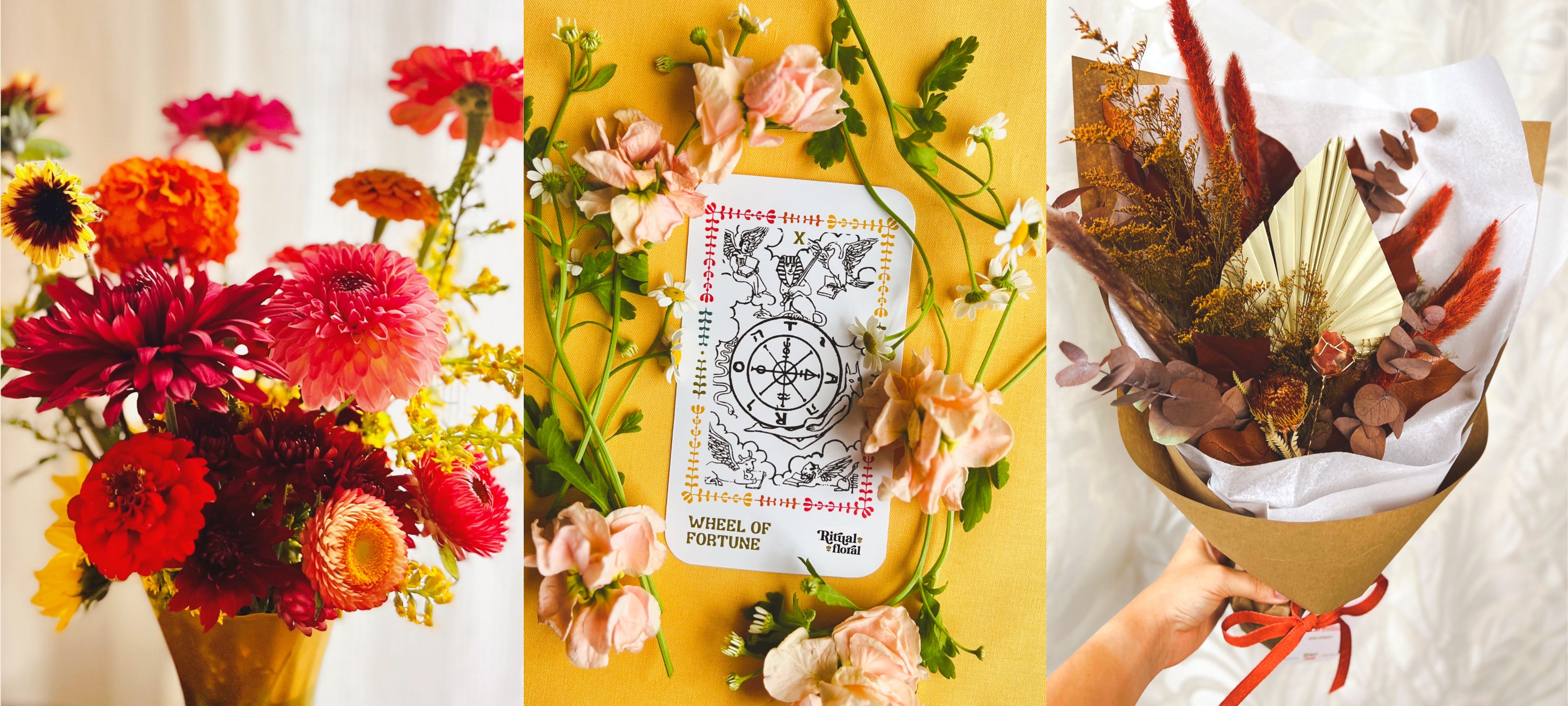 Trio of photos: orange and pink flowers in a vase, wheel of fortune tarot card with flowers, and crystal dried flower bouquet