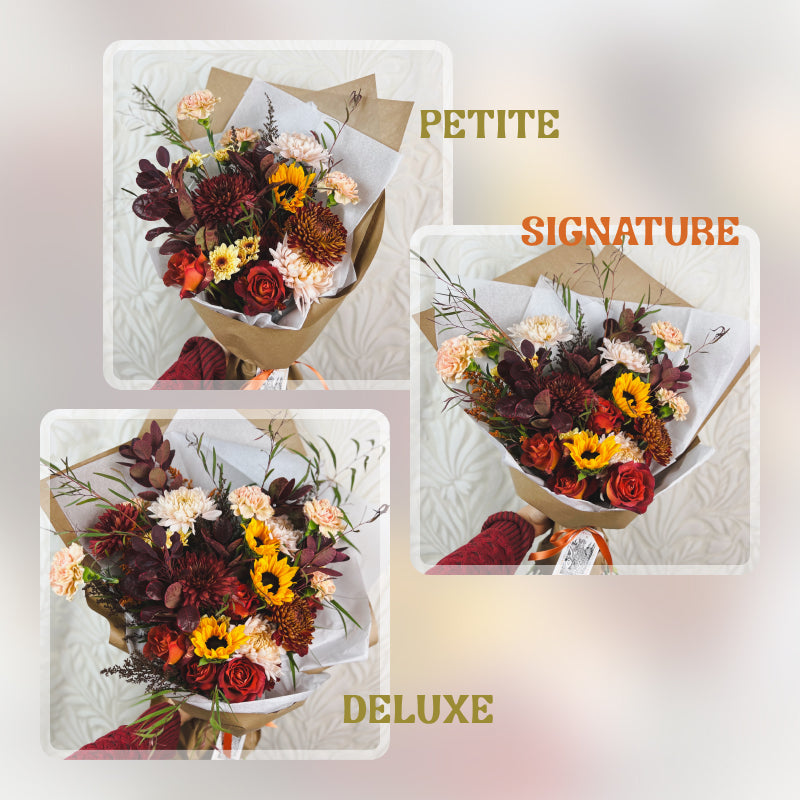 Three different sizes of fall bouquets