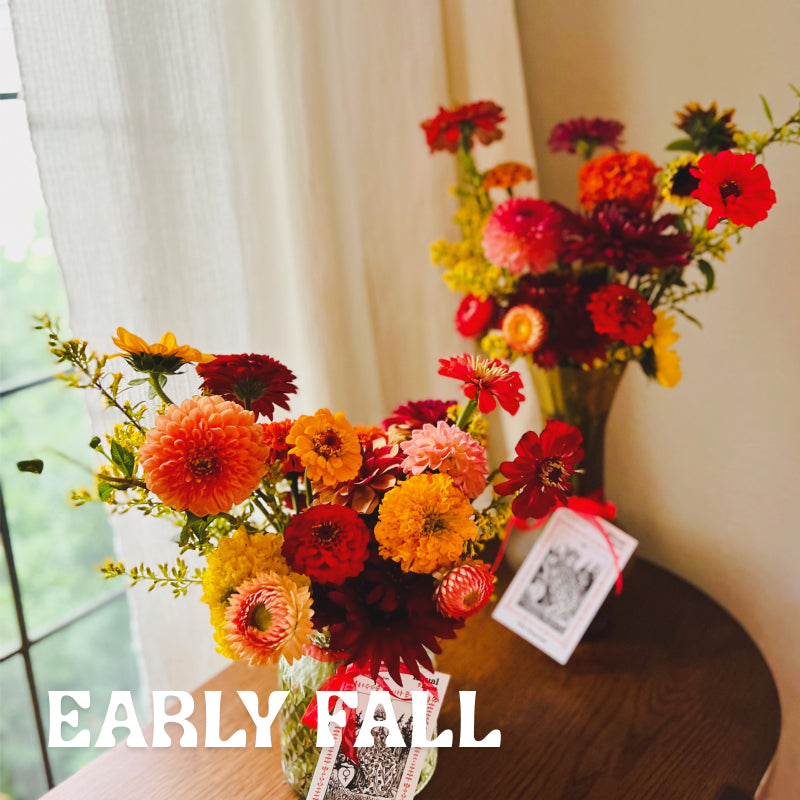 Two petite seasonal fall vase arrangements displayed in front of a window