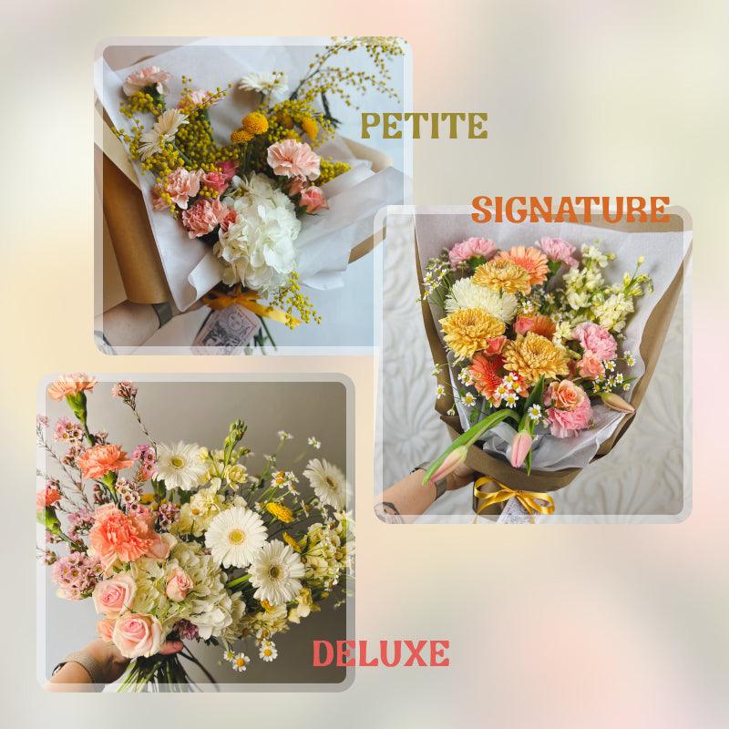 Three different sized warm pastel flower bouquets